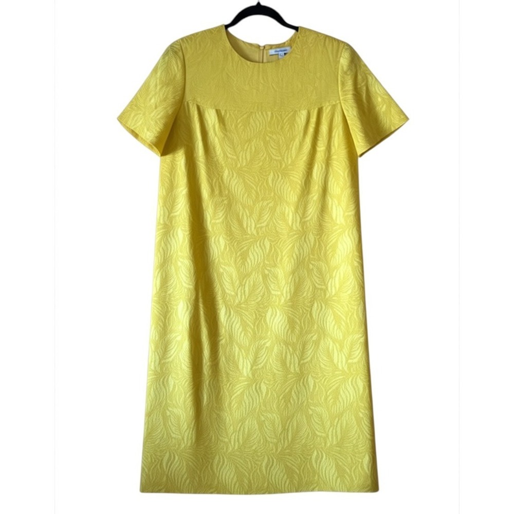 Styled‎ by Mister C Silk Shift Dress M Yellow Jacquard Leaf Vintage Mod 80's VTG